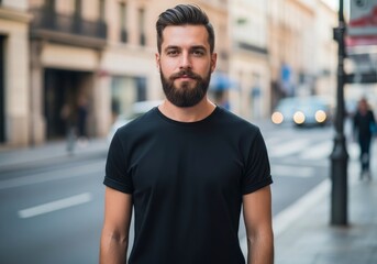 A bearded man in a black tshirt stands on a city street