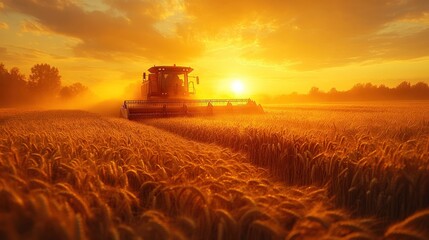 Harvester in golden sunset field