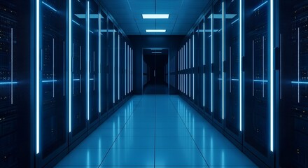 Futuristic dark corridor with glowing blue neon lights and reflective floor creating a sense of advanced technology