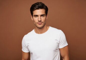 Obraz premium Brunette man in white tee poses against brown backdrop striking a confident gaze