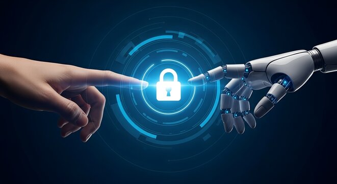Human and robot hands reaching to touch a glowing digital padlock symbolizing cybersecurity and artificial intelligence