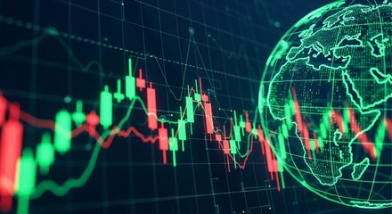 Global financial markets depicted by a glowing digital globe and fluctuating stock market candlestick charts in vibrant green and red