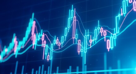 Dynamic financial stock market chart with rising trend and fluctuating candlestick patterns on a dark blue background