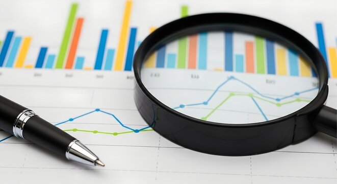 Magnifying glass and pen examining financial data charts and graphs for business analysis