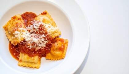 Delicious ravioli with rich tomato sauce and grated parmesan cheese served in a white bowl