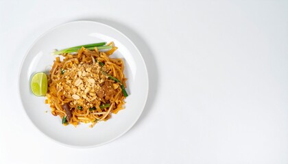Delicious Pad Thai noodles with peanuts and lime on a white plate, ready to enjoy