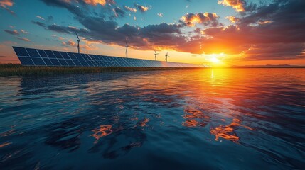 Solar panels at sunset on water