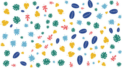Vibrant Scattered Tropical Leaves Pattern Background. Featuring Stylized Monstera, Palm, and Exotic Foliage in Bold Colors for Summer Designs.

