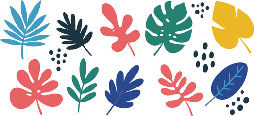 Fototapeta premium Vibrant Collection of Stylized Tropical Leaves and Abstract Dot Graphics. Modern Flat Design Foliage for Exotic, Jungle, or Summer-Themed Projects.
