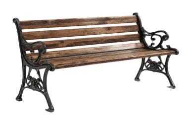 Wooden park bench with ornate cast iron arms