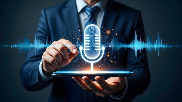 Businessman holding a smartphone with an audio recording symbol, representing voice recognition technology and digital communication tools.  - Powered by Adobe