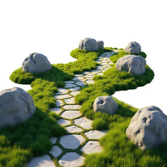 A winding stone path with grass and boulders isolated on transparent background