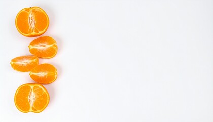 Vibrant fresh mandarin orange segments arranged on a clean white background, perfect for healthy eating themes