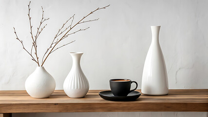 Elegant minimalist still life featuring white vases coffee cup and decorative twigs