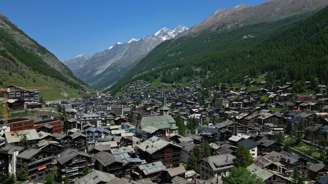 Panoramic Aerial View Over Zermatt Town and Church in the Swiss Alps