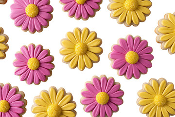 Flower-shaped cookies, pink and yellow, arranged