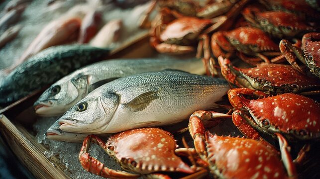 Fresh fish and crabs displayed at a market, highlighting vibrant colors and quality, inviting a sense of ocean freshness and culinary delight.