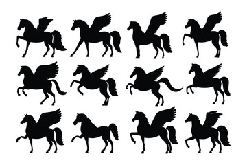 Collection of stylized black silhouette phoenix bird emblems showcasing diverse wing and tail designs for branding and decoration