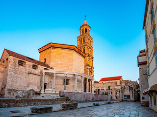 Historic old town of Split, Croatia, with Saint Domnius Cathedral’s bell tower rising above...