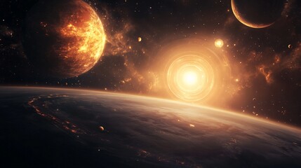 Fototapeta premium Planets and a wormhole are creating a stunning view of the universe, illuminating space with glowing orange and yellow light, showcasing the beauty and mystery of deep space