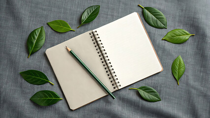 Open notebook surrounded by green leaves and pencil on a textured grey surface