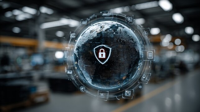 Futuristic holographic cybersecurity interface with digital lock symbol