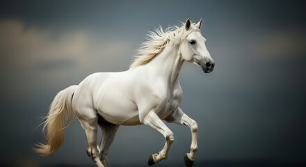 Fototapeta premium A majestic white horse galloping against a cloudy gray sky in a dynamic and powerful pose