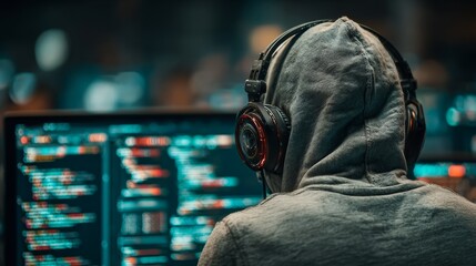 Hacker in hoodie wearing headphones programming on multiple monitors