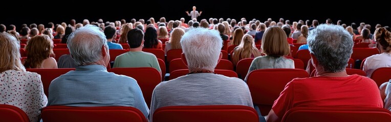 An engaging presentation before a captivated audience in a red theater, highlighting the connection between speaker and listeners.