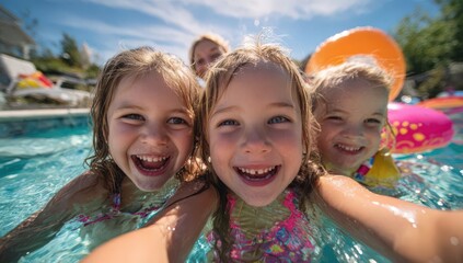 Laughing young girls enjoy playful moments in an outdoor swimming pool with family on a sunny summer day, surrounded by bright colors and inflatable toys.