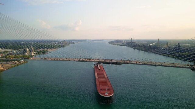 A barge passing through slowly under newly constructed Gordie Howe International Bridge across the USA and Canada border at Detroit downtown