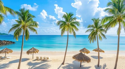 A tropical paradise beach scene with swaying palm trees and azure waters.