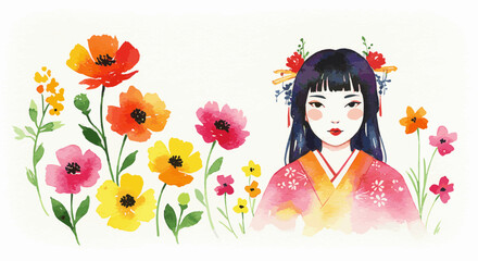 Oriental girl smiling in a flower field with floral dress and natural background