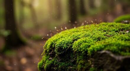 Mossy Forest Floor with Dew Drops, Close-Up View of Lush Green Moss and Delicate Droplets in a Woodland Setting