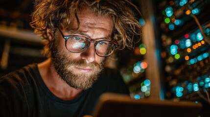 IT engineer working in server room with tablet