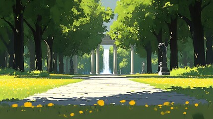 Parkway with fountain, sunlight