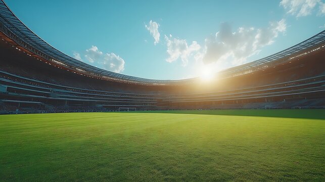 Empty stadium at sunset.  Vast, modern, vibrant
