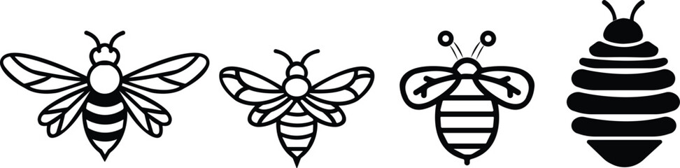 Art & IllustBee icon set.Honey bee icon vector silhouette illustration isolated on white background.Whimsical bee icons set.Set of cute bee illustration designs.set of party.Linear style nature,ration
