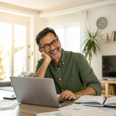 Happy middle aged man working on laptop at home office desk with natural light