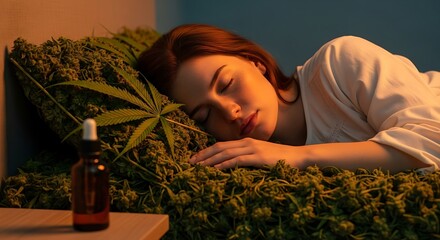 Woman sleeping on a bed of cannabis.