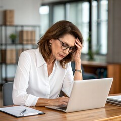 Stressed businesswoman with headache working on laptop in office