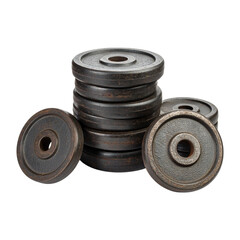 Stacked Iron Weight Plates with Rust Texture in Studio Photography on transparent background
