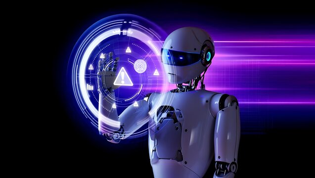 Futuristic robot interacting with glowing digital interface displaying warning symbol - Powered by Adobe