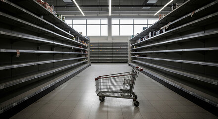Supermarket aisle with empty shopping cart in the middle between empty shelves without goods. Crisis, shortage of goods, problem with logistics