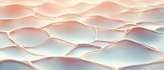 Network of interconnected cells. Soft pink and blue abstract background. Light shines on delicate membrane structure. Close up view of biological tissue.