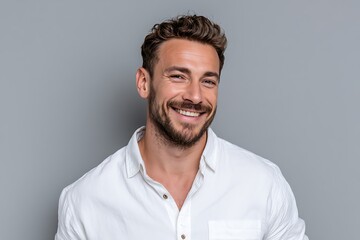 A smiling man in a white shirt, posing confidently against a light gray background, radiating friendliness in a well-lit environment.