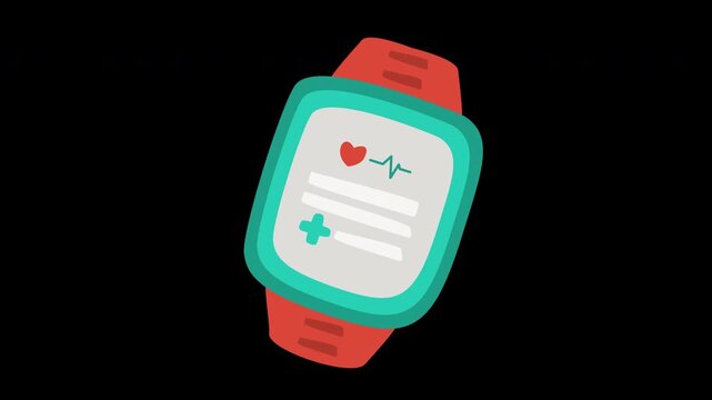 Animated smart watch displaying health icons & info, great for tech, healthcare, fitness, or medical related concepts