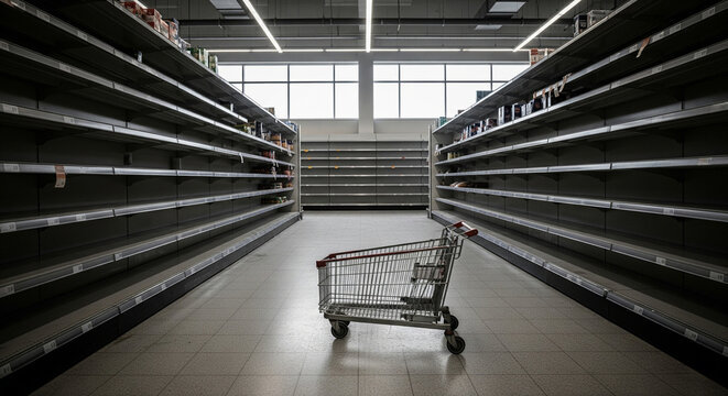 Supermarket aisle with empty shopping cart in the middle between empty shelves without goods. Crisis, shortage of goods, problem with logistics