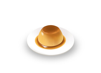 Realistic flan on a plate with liquid caramel on a transparent background