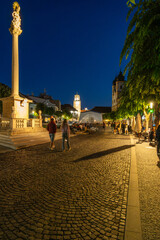 Obraz premium Nachtaufnahme der Pestsäule zum Gedenken der Opfer der Pest zum Beginn des 18. Jahrhunderts, im Hintergrund ist die Burg Trenčín , Kulturhauptstadt 2026, Trenčín, Slowakei